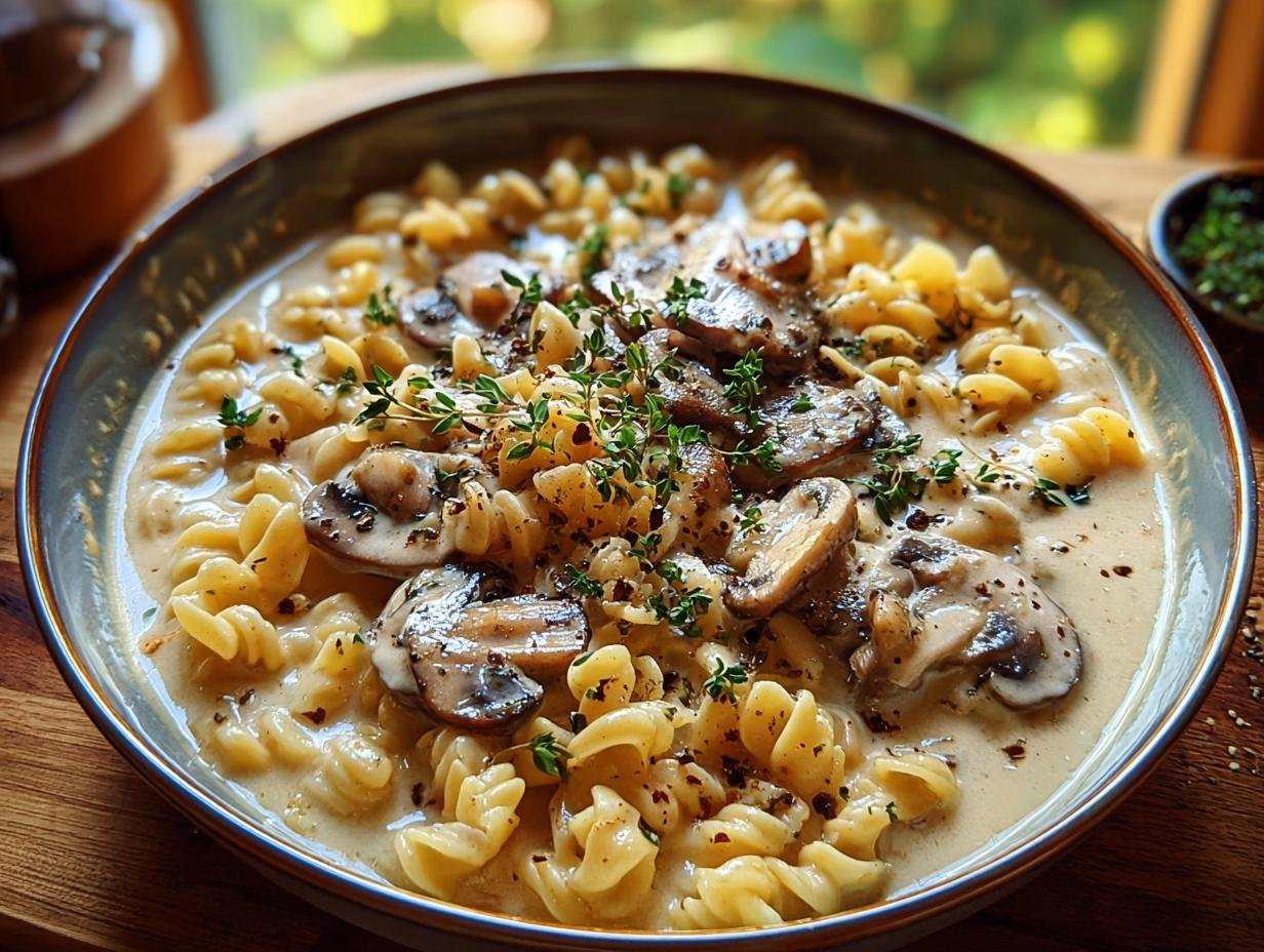 Creamy Mushroom Pasta Soup - close-up of a steaming bowl with pasta and mushrooms