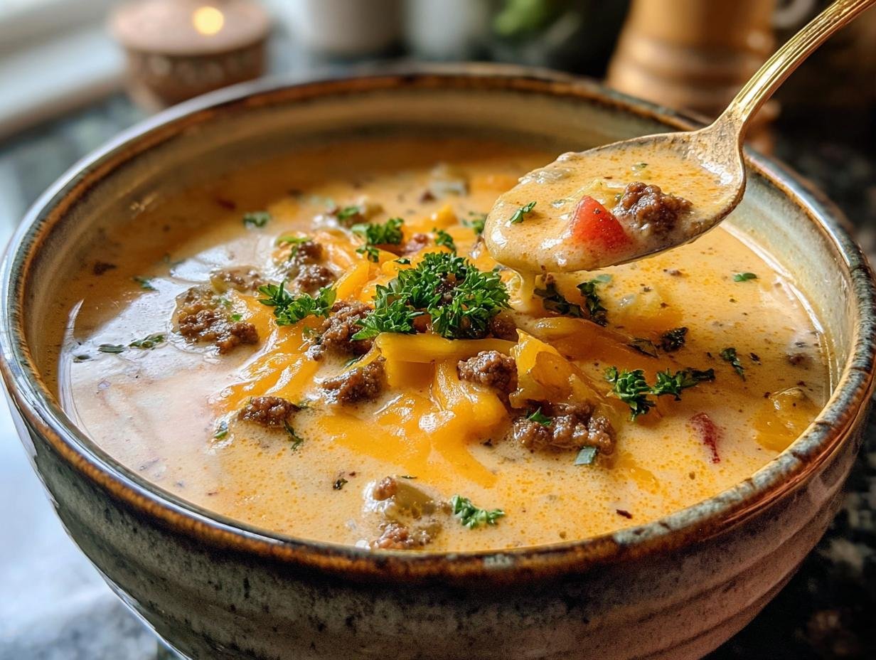 Cozy Crockpot Cheeseburger Soup: 6 Hearty Servings - Cozy Crockpot Cheeseburger Soup - additional detail