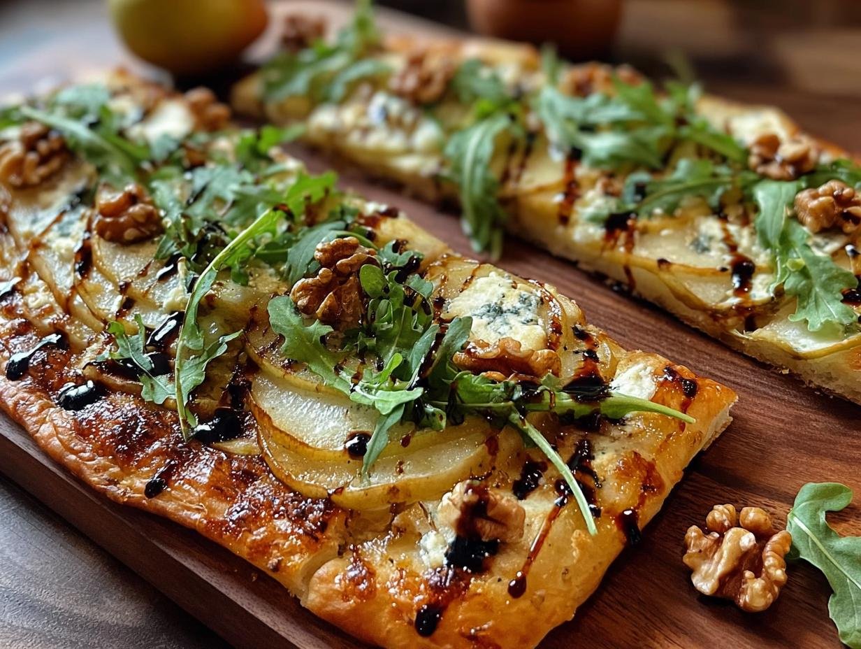 Pear Gorgonzola Walnut Flatbread - close-up of ingredients on baked flatbread