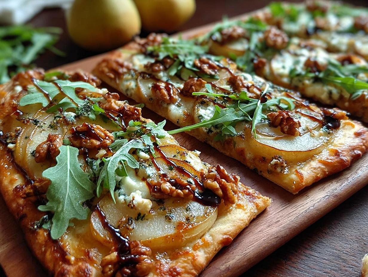 Pear Gorgonzola Walnut Flatbread - finished product with balsamic glaze and arugula