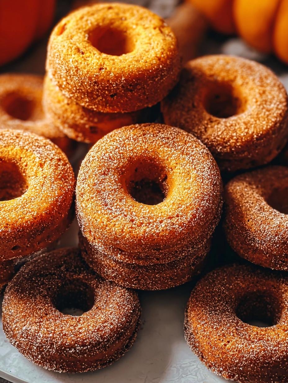 Close-up of a stack of warm Baked Pumpkin Donuts, dusted with cinnamon sugar, on a rustic wooden board