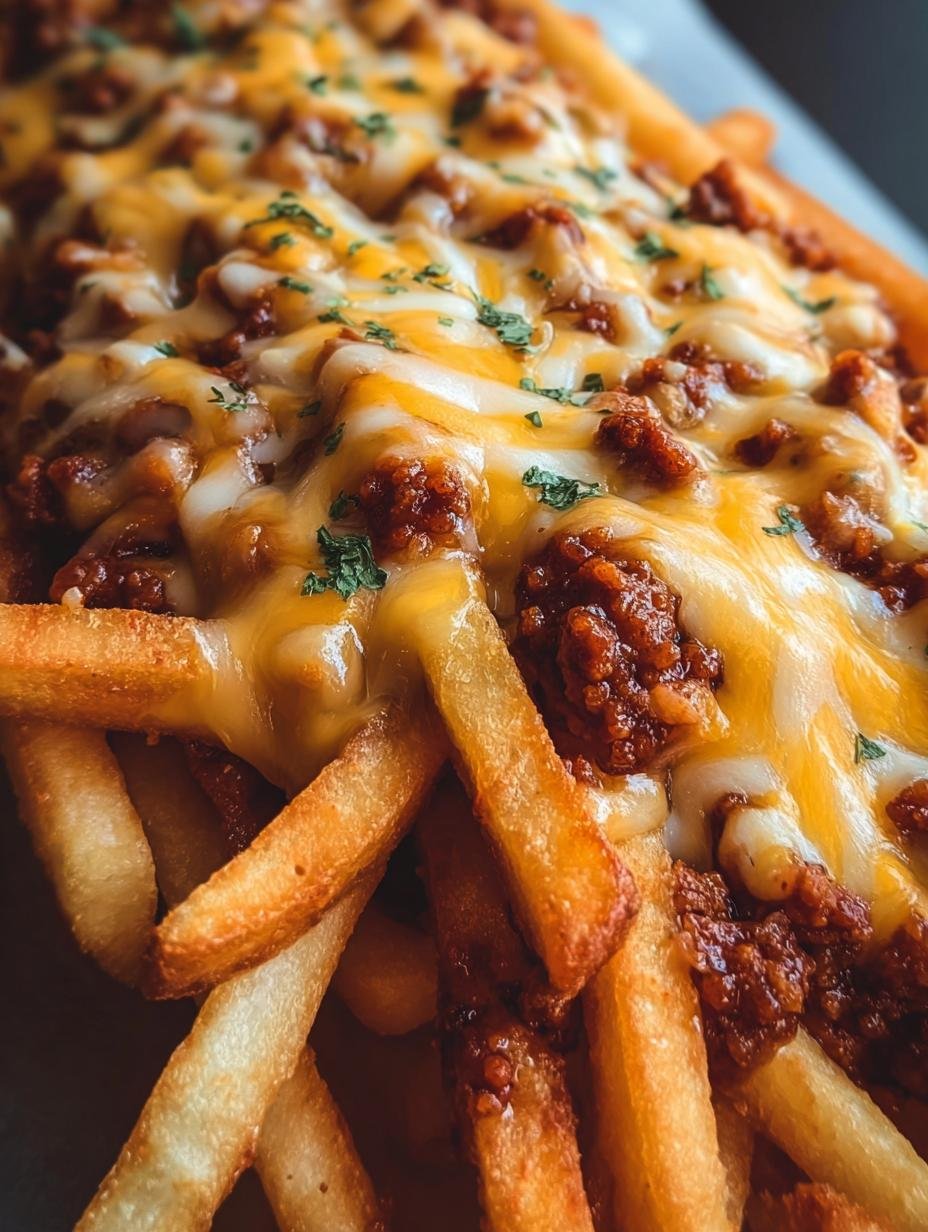 Glorious Chili Cheese Fries with melted cheddar and savory beef chili on a bed of crispy golden fries, ready to be devoured