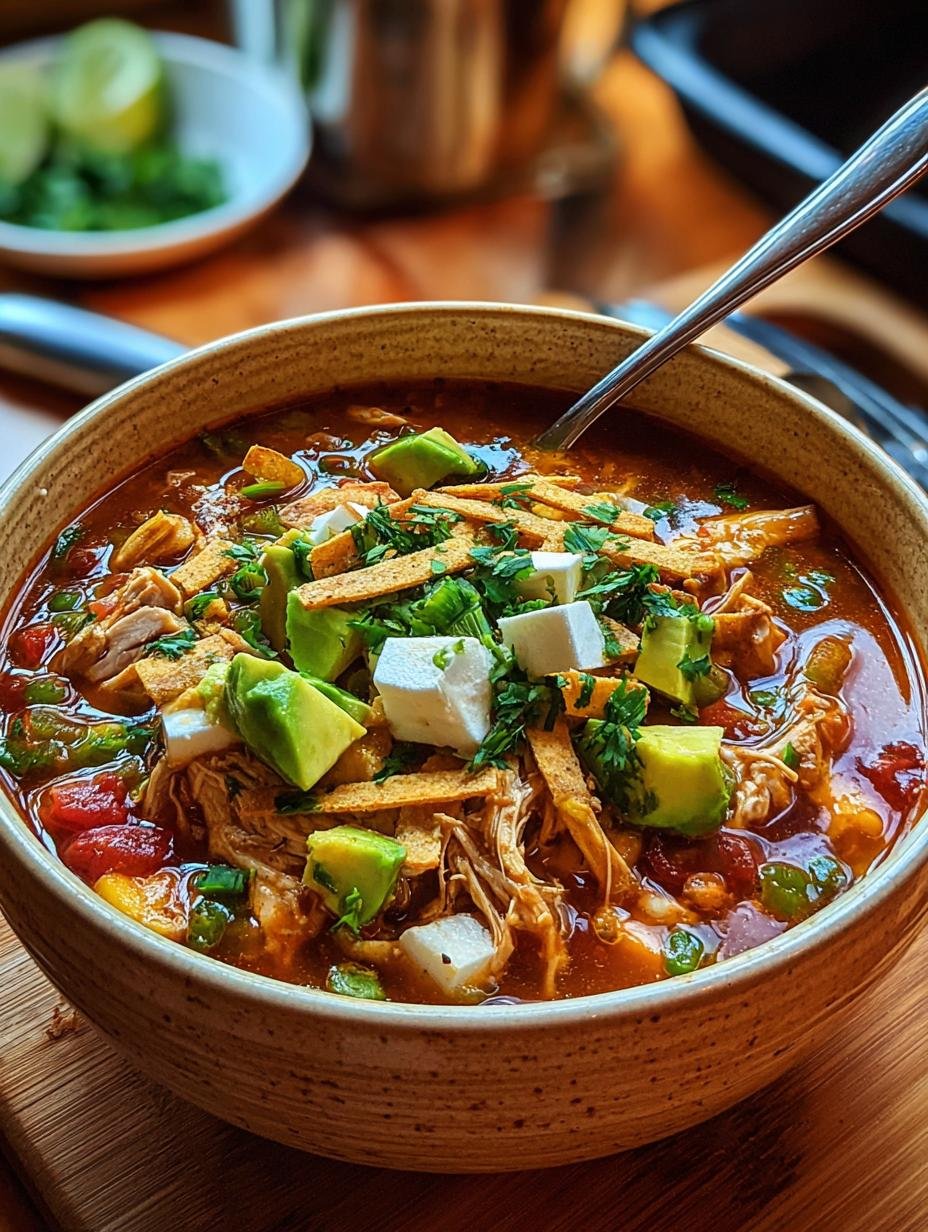 Delicious Cozy Chicken Tortilla Soup in a bowl with fresh cilantro and lime wedges, ready to be enjoyed