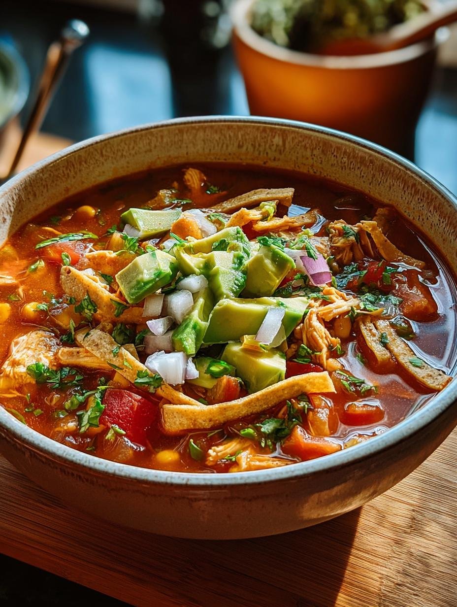 A close-up of a bowl of Cozy Chicken Tortilla Soup with avocado, sour cream, and tortilla strips on top