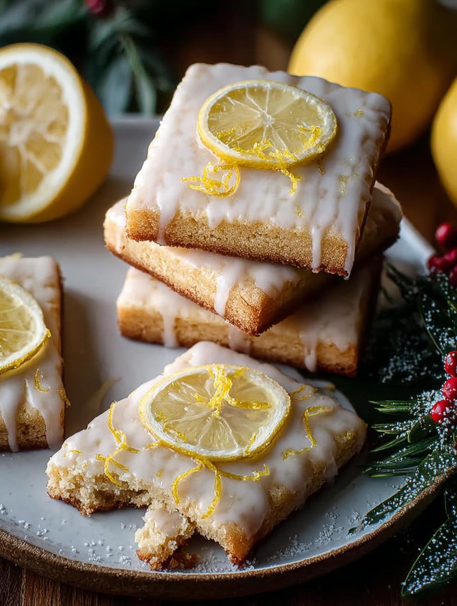 Delicious Easiest Lemon Glazed Shortbread cookies arranged on a white plate with fresh lemon slices, showcasing their bright, perfect glaze and tender texture.