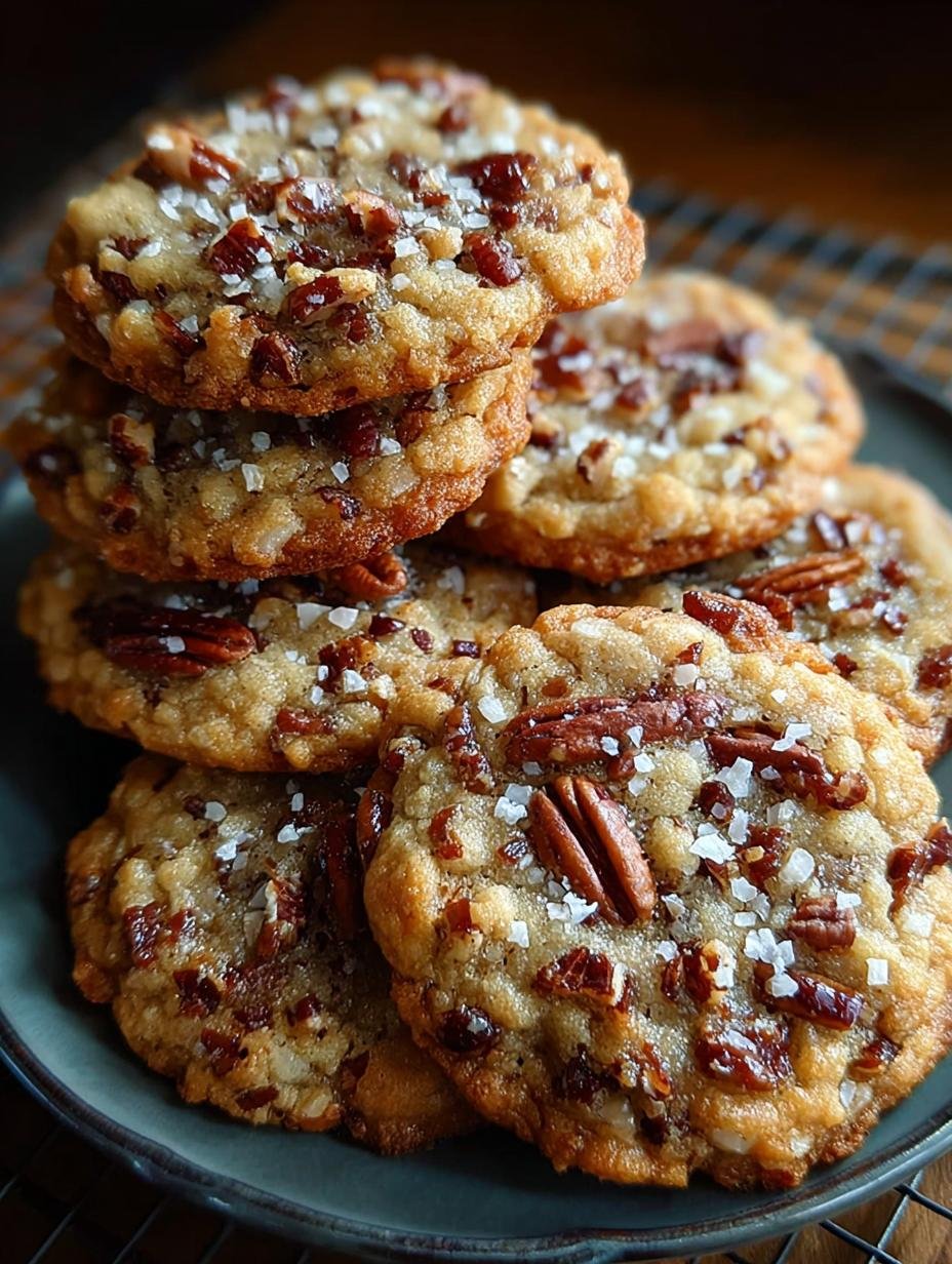 A close-up of a stack of Easiest Toffee Pecan Cookies, showing their rich texture and visible toffee bits and pecans