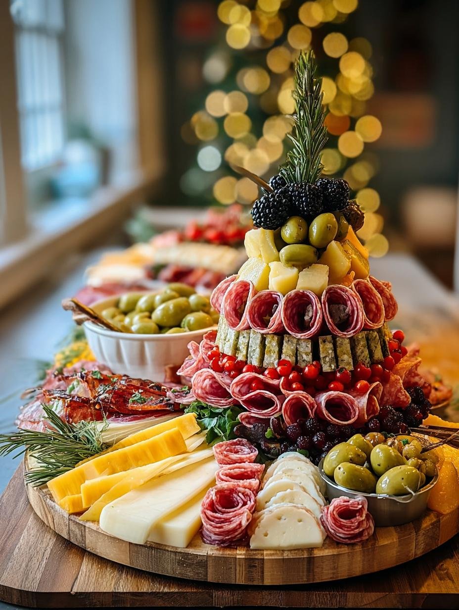 Vibrant Festive Christmas Tree Charcuterie board with assorted cheeses, meats, fruits, and rosemary garnish, ready for holiday entertaining