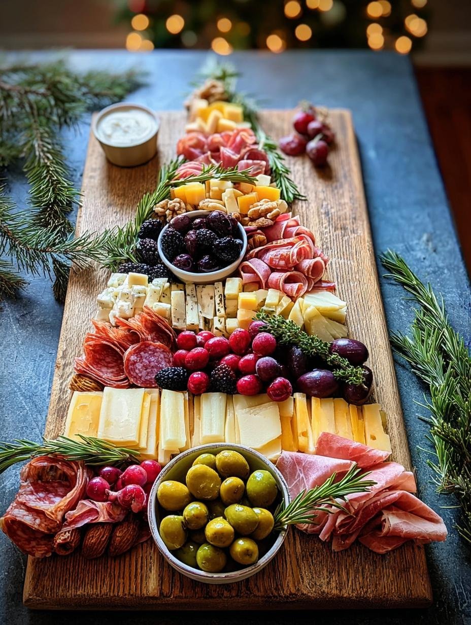Close-up of a Festive Christmas Tree Charcuterie board showcasing folded salami, various cheeses, and fresh berries