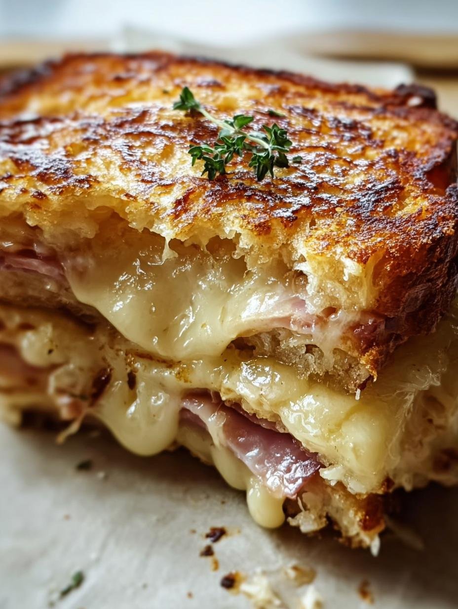 Delicious French Croque Monsieur sandwich with melted Gruyère cheese and ham on toasted bread, ready to be served