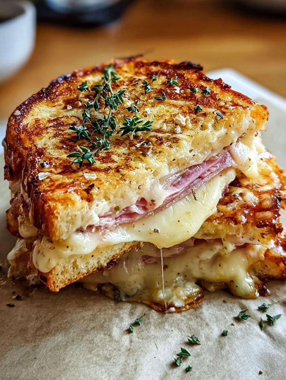 Close-up of a French Croque Monsieur with a golden-brown crust and melted cheese oozing out, garnished with fresh parsley