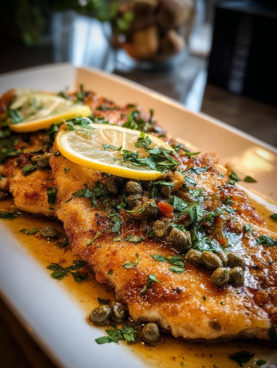 Irresistible Chicken Piccata Zesty: 1 Amazing Recipe - A close-up of a perfectly cooked chicken piccata dish, garnished with fresh parsley and lemon slices, ready to be served.