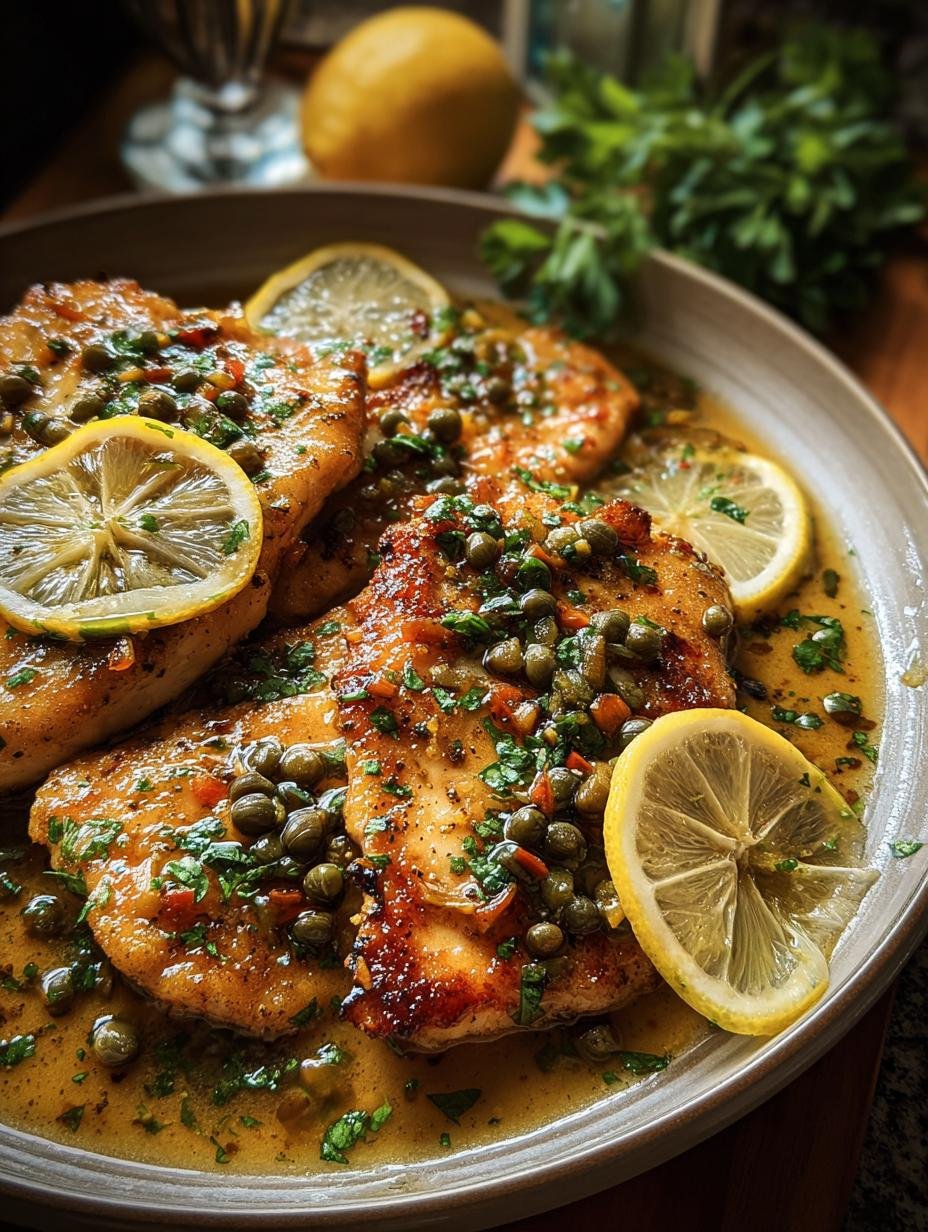 Irresistible Chicken Piccata Zesty: 1 Amazing Recipe - A serving of chicken piccata on a white plate, accompanied by a side of pasta and fresh green vegetables, showcasing a complete meal.