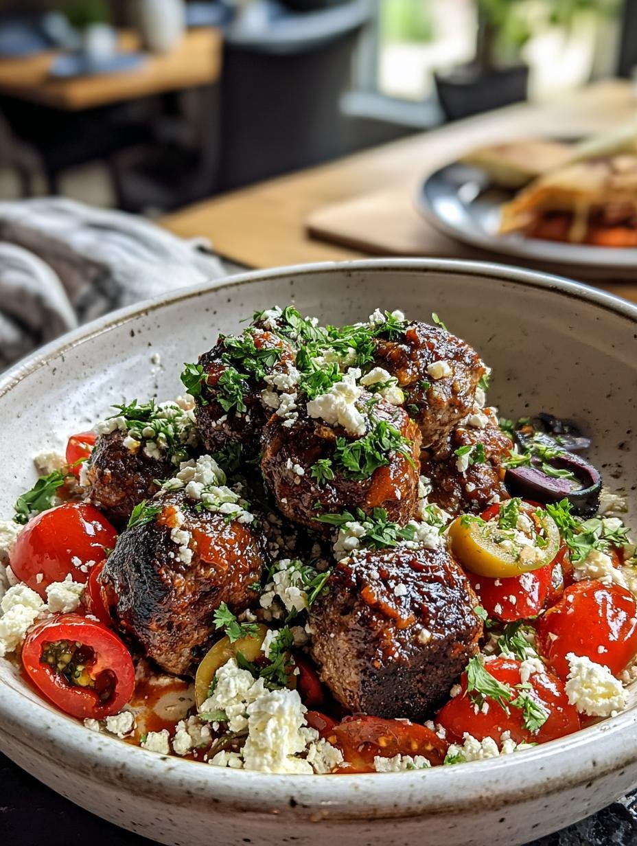 Close-up of tender Greek meatballs simmering in rich tomato sauce