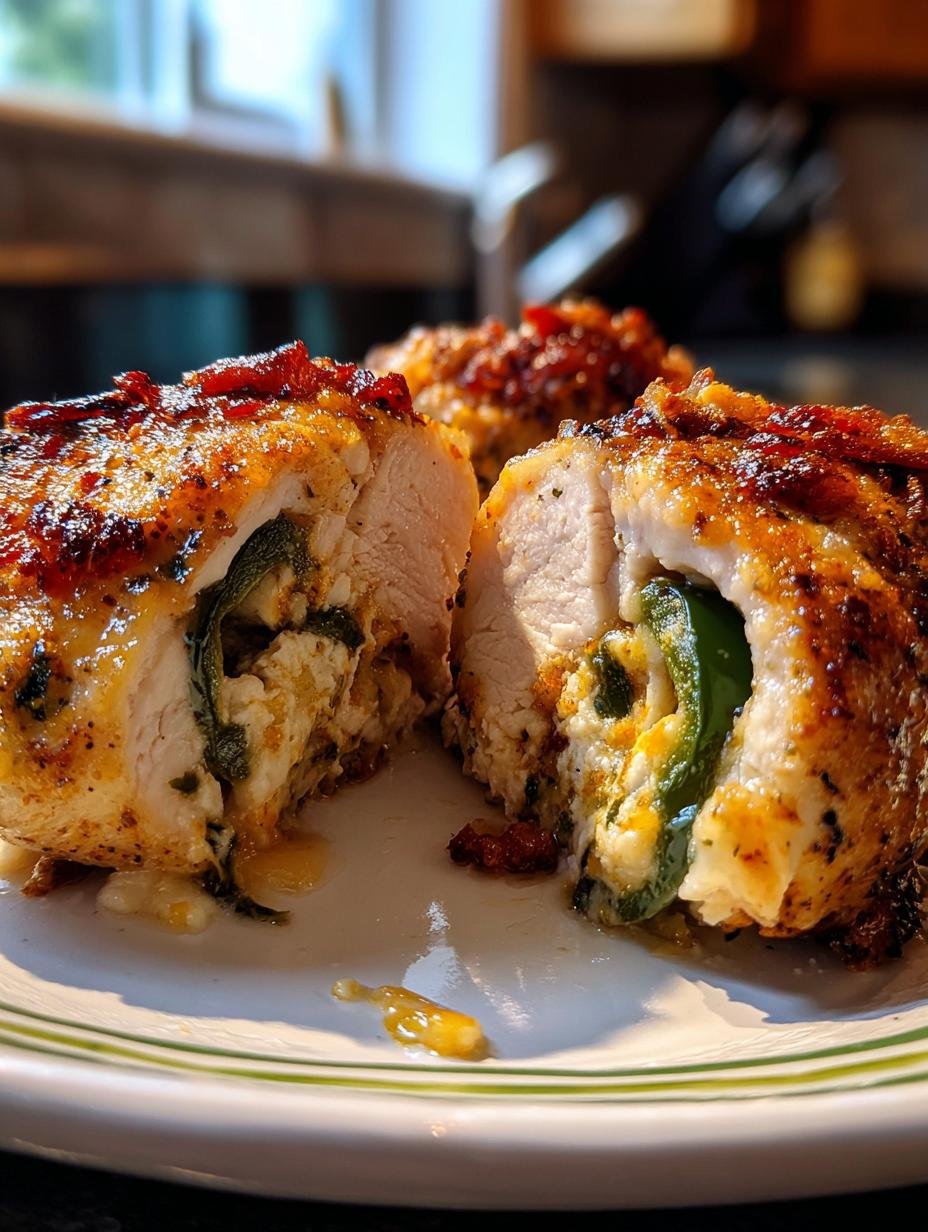 Delicious Irresistible Jalapeno Popper Stuffed chicken breast, golden brown and perfectly cooked, resting on a cutting board