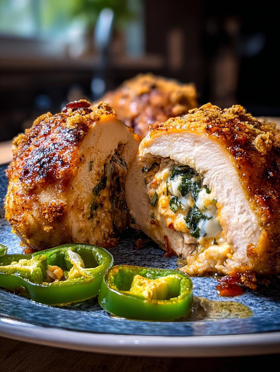 Close-up of a perfectly cooked Irresistible Jalapeno Popper Stuffed chicken breast, showing the creamy, cheesy filling oozing out