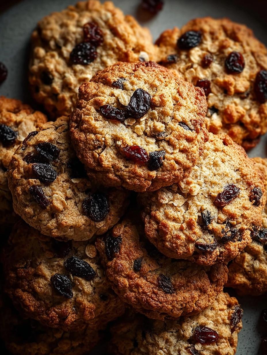 Close-up of a stack of 180 Calorie Oatmeal Raisin Cookies, showcasing their chewy texture and plump raisins