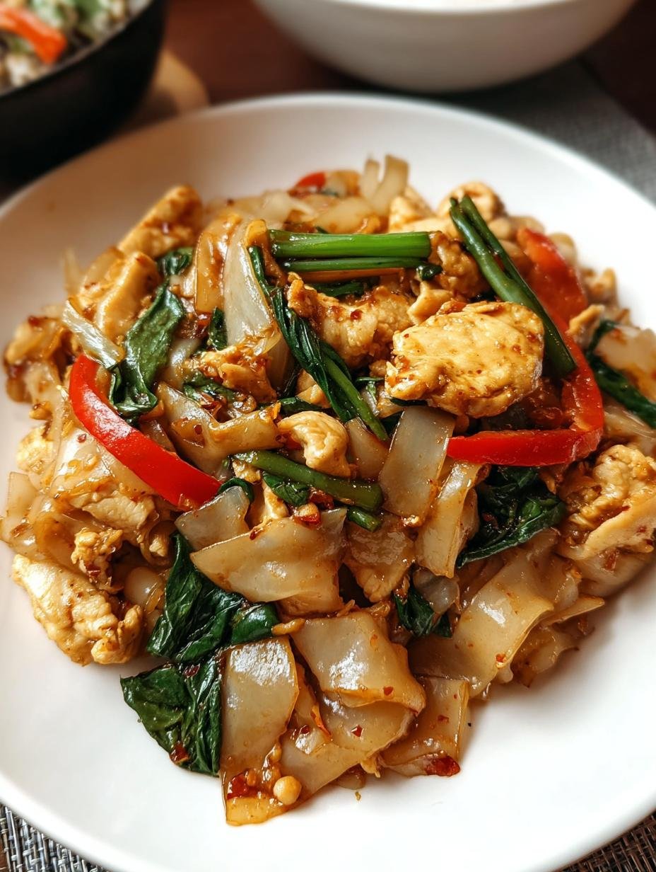 Delicious Pad See Ew with wide rice noodles, chicken, and broccoli in a savory sauce