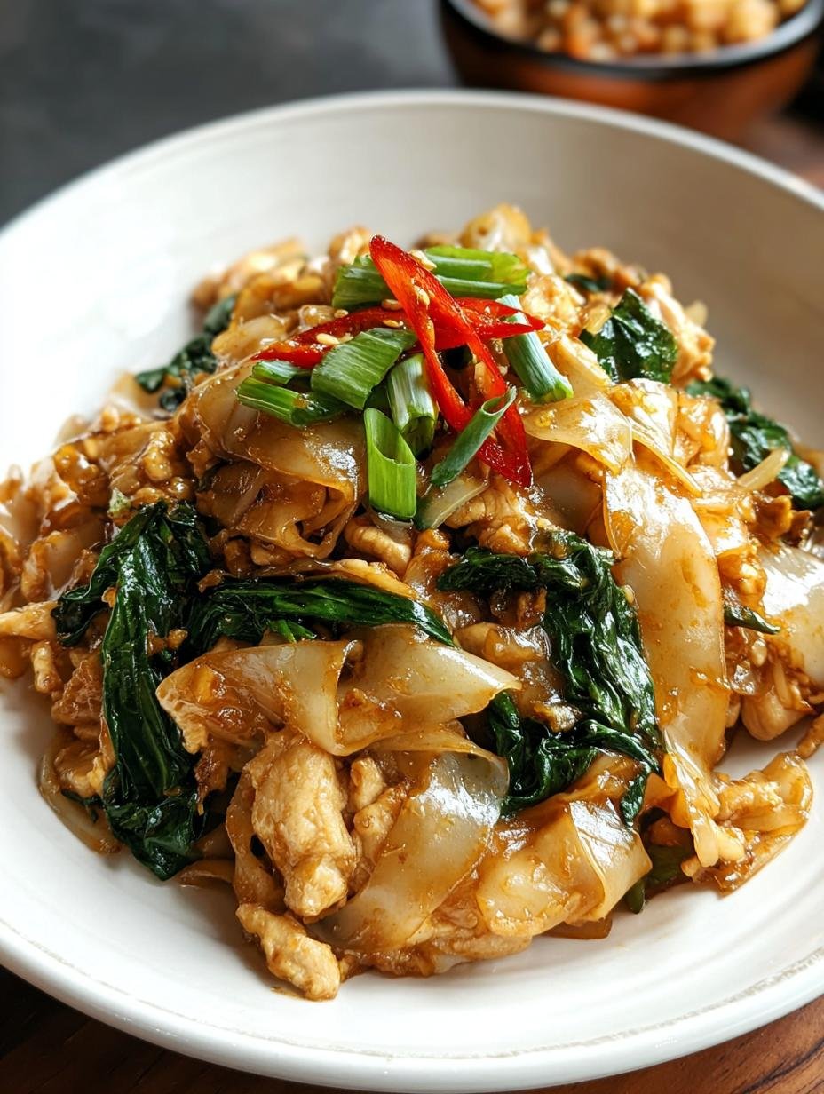 Close-up of Pad See Ew noodles, chicken, and broccoli being stir-fried in a wok