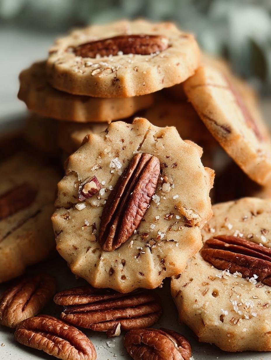 Close-up of a stack of golden-brown Pecan Shortbread Cookies, showcasing their crumbly texture and pecan pieces.