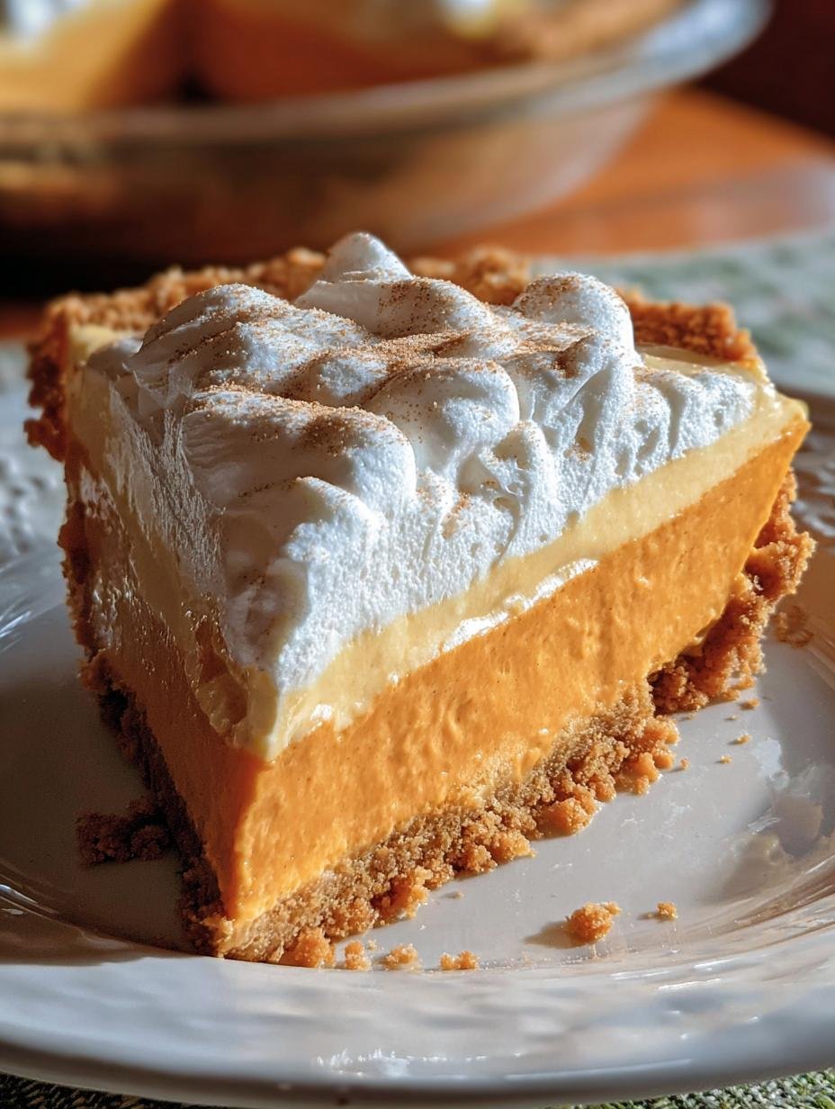 Close-up of a slice of Pumpkin Fluff Pie Hour, showcasing its creamy texture and graham cracker crust, garnished with whipped cream and cinnamon.
