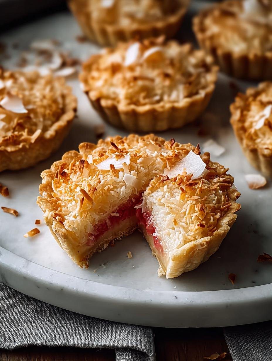 Close-up of a single Rhubarb Coconut Macaroon Tart, showing the chewy coconut topping and vibrant rhubarb filling
