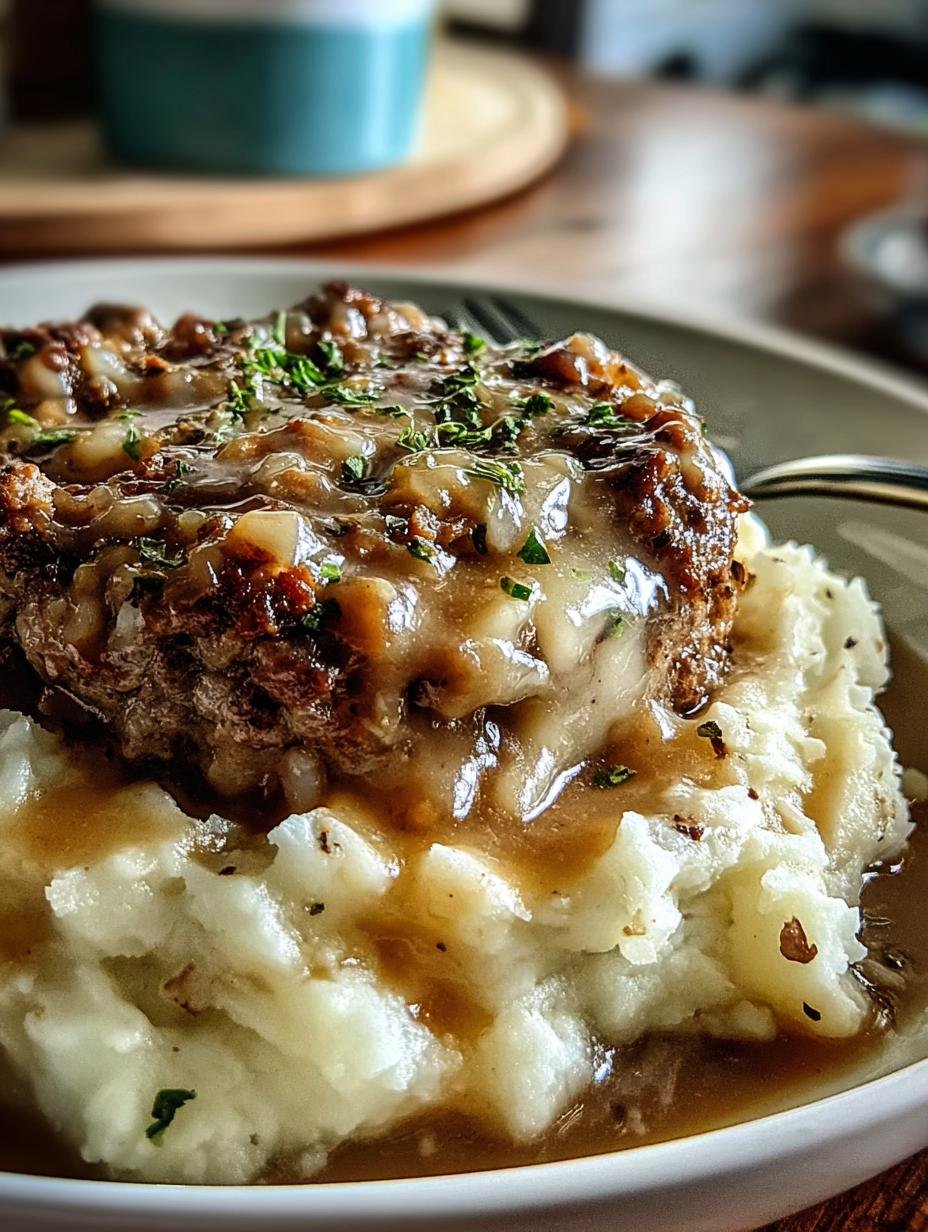 Delicious Savory Hamburger Gravy Over mashed potatoes, ready to serve