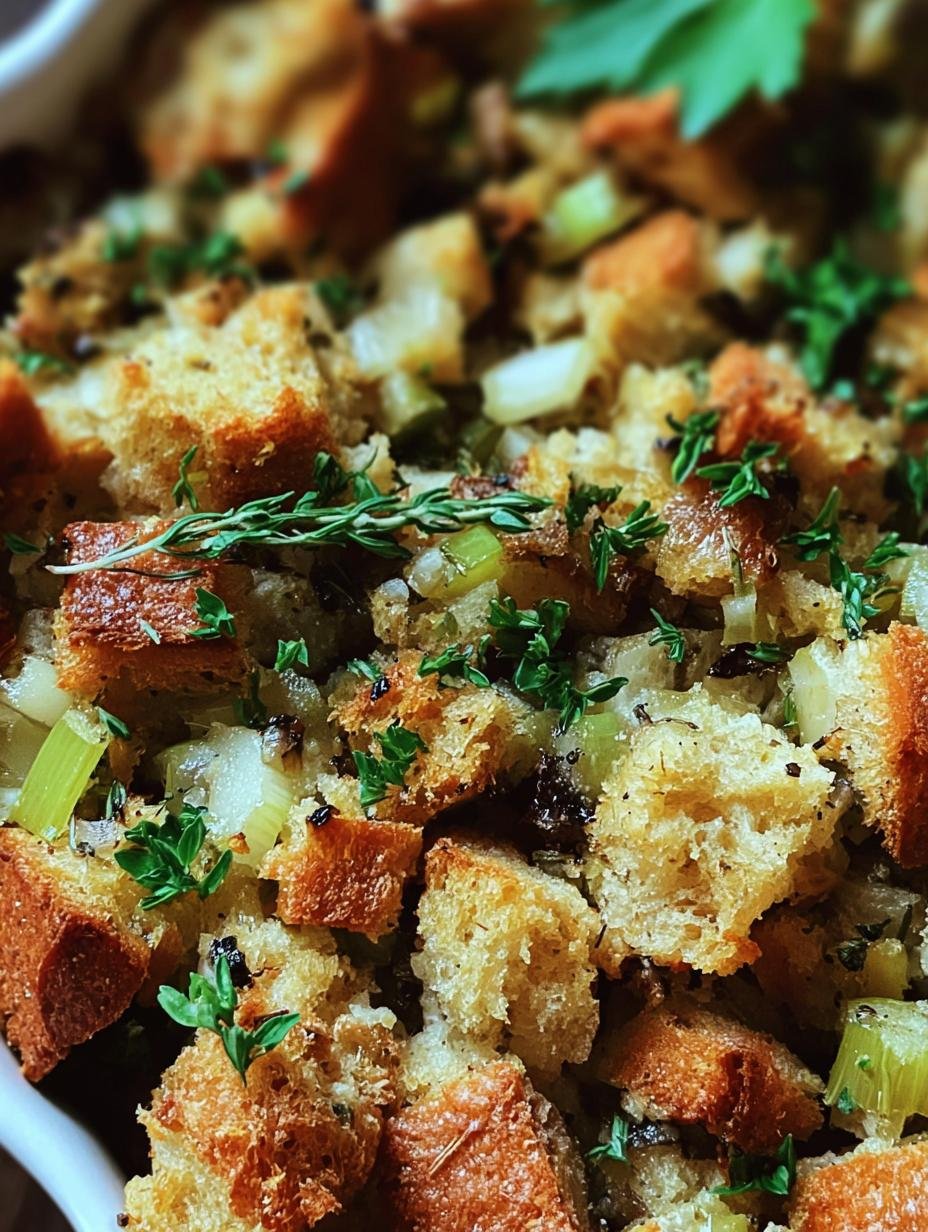 Delicious Savory Stuffing baked to golden perfection in a casserole dish, ready to be served for Thanksgiving
