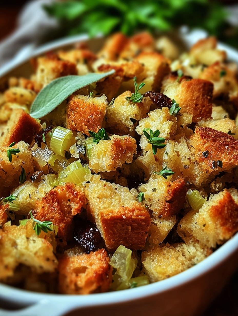 Close-up of golden brown Savory Stuffing with herbs and vegetables, fresh out of the oven