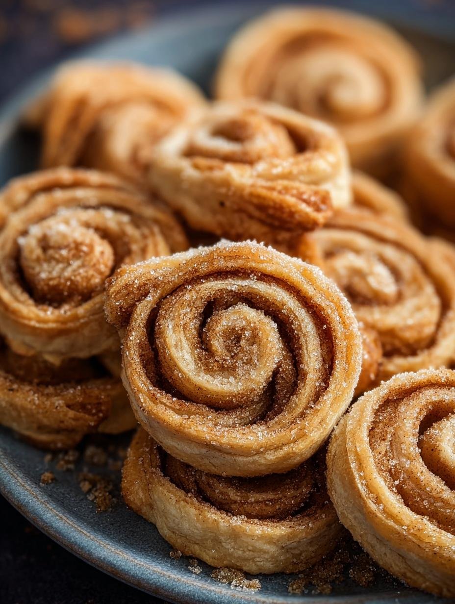 Close-up of a stack of golden-brown Sugar Cinnamon Pie Crust Pinwheel Cookies, dusted with extra sugar, ready to be served