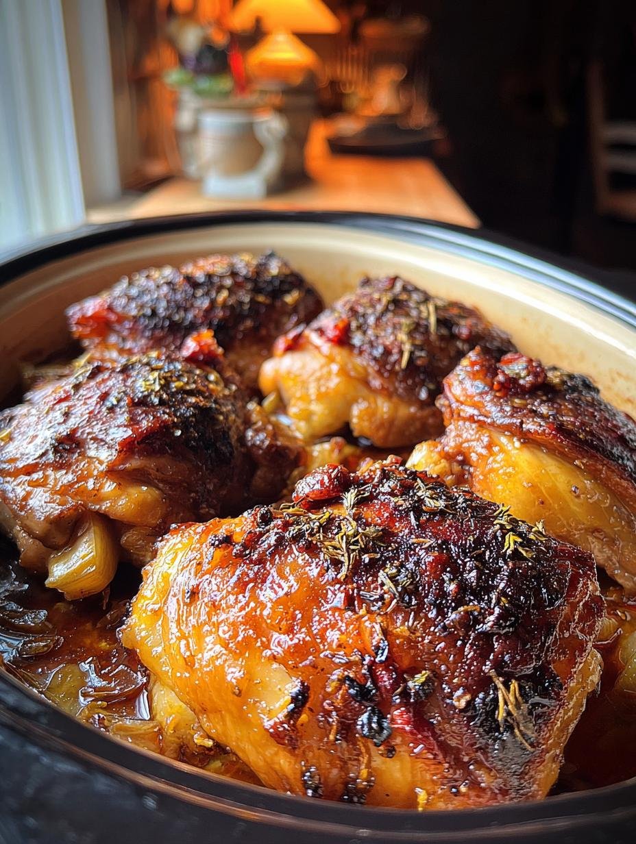 Close-up of succulent Tender Chicken Thighs Crockpot with rich sauce