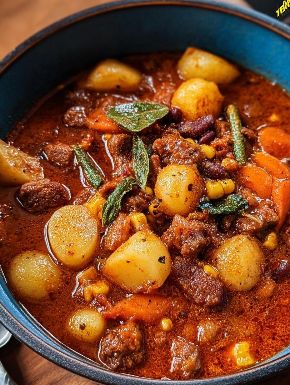 Amazing, Hearty Texas Cowboy Stew simmering in a large pot with rich beef, beans, and vegetables