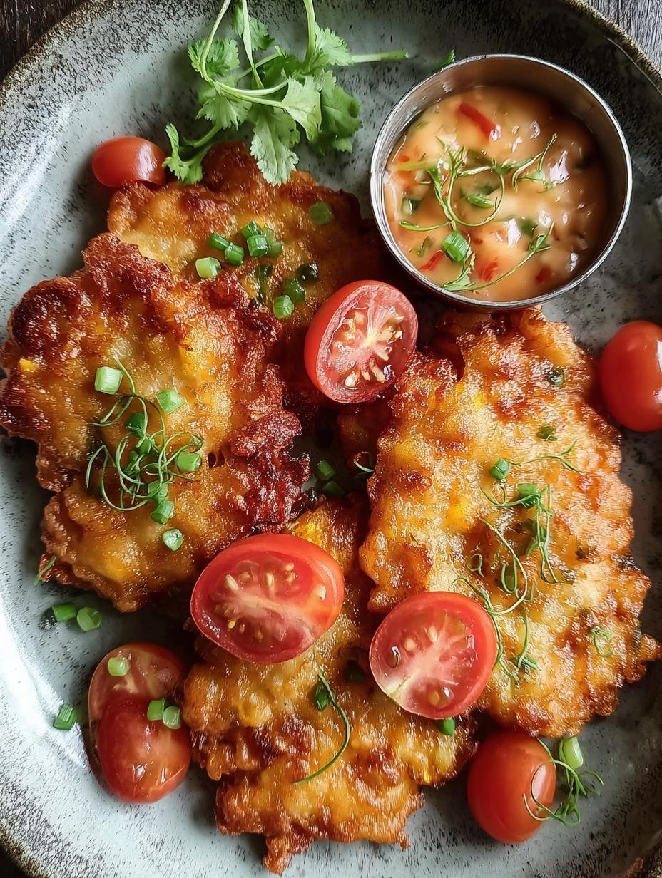 Deliciously crispy Tomato Fritters stacked on a plate with fresh herbs and a creamy dipping sauce, ready to be served.