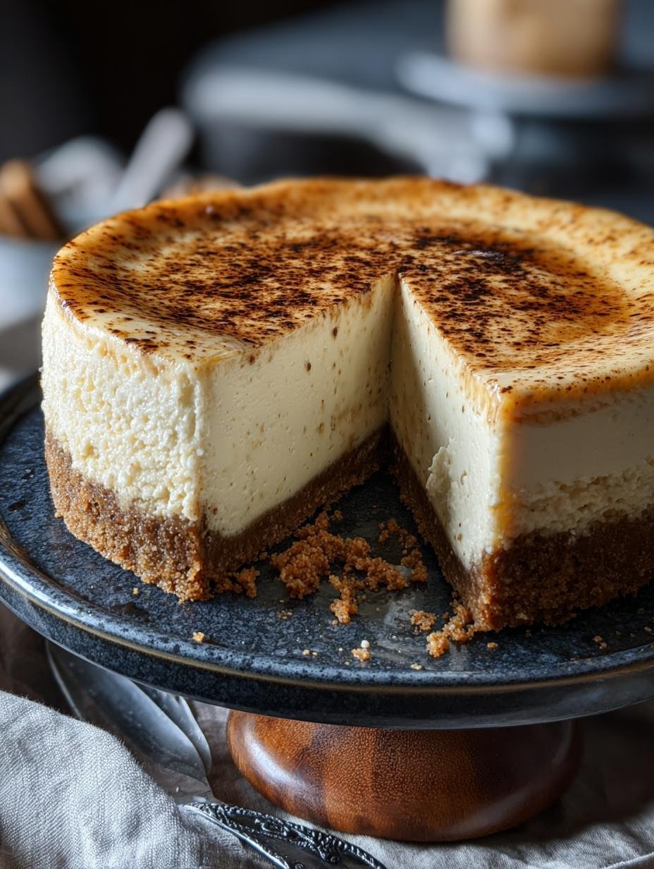 Close-up of Vanilla Bean Brown Butter Cheesecake with a golden crust