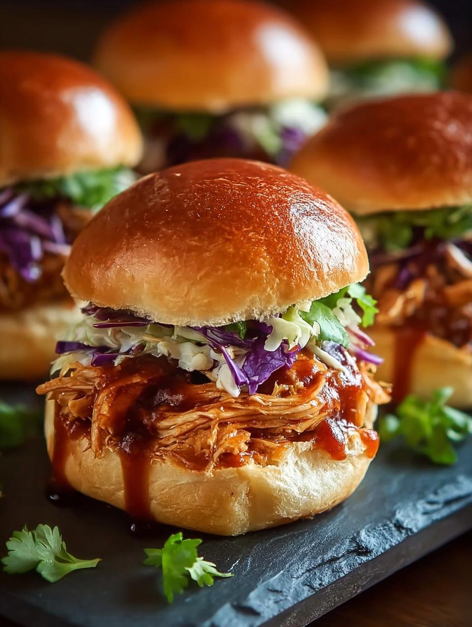 Irresistible Bbq Chicken Sliders served with coleslaw on a platter