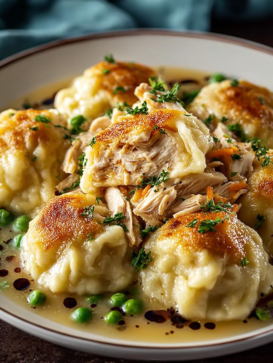Close-up of Dump Crockpot Chicken Dumplings with fresh herbs