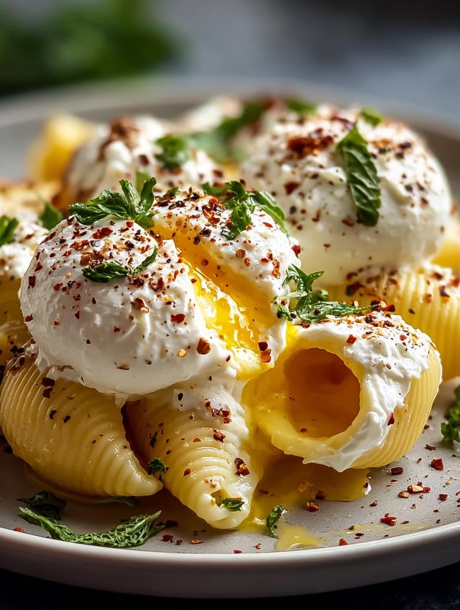 Delicious Burrata Pasta Shells with Creamy Garlic Sauce - Burrata Pasta Shells - main visual representation