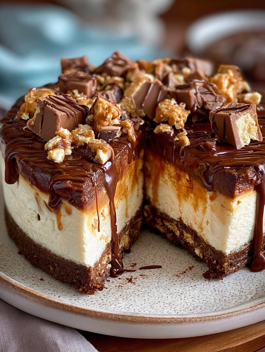 Irresistible Snickers Cheesecake with creamy filling and chunks of Snickers on a dessert plate