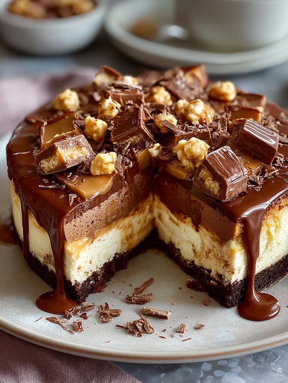 Delicious Snickers Cheesecake topped with chocolate ganache and chopped Snickers